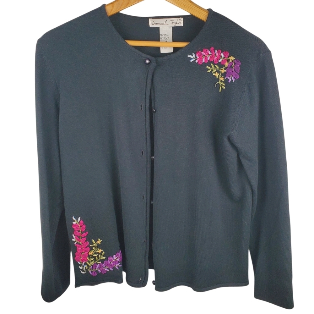 Vintage Samantha Taylor Black Cardigan Floral Embroidery. MED. #246